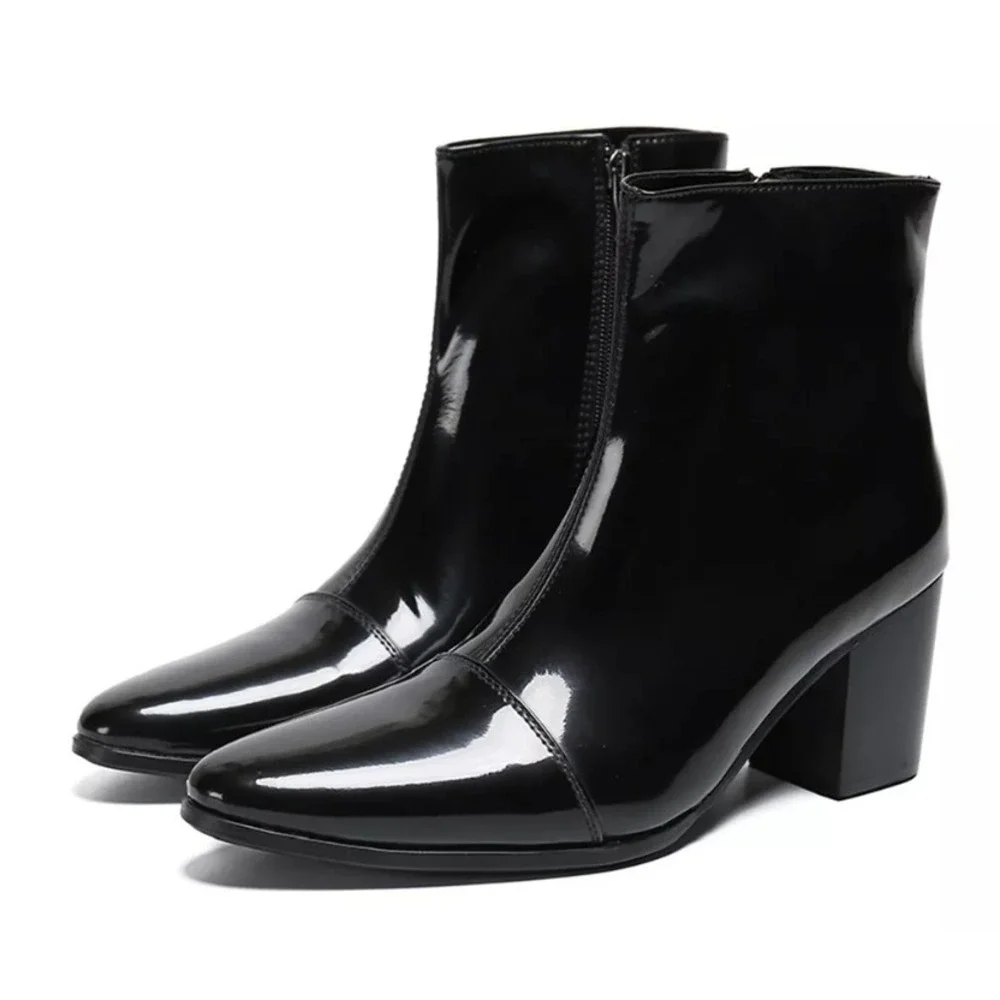 Santimon Mens Black US 9.5 Casual Patent Leather Chelsea Dress Boots Zipper on